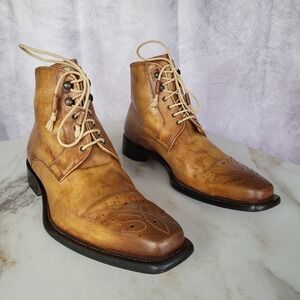 Stefano Branchini Italy Tan Patina Leather Lace Up Chisel Toe Dress Boots Size 8